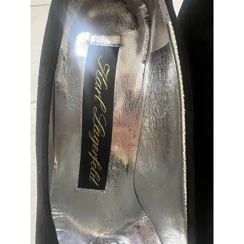 Vintage Karl Lagerfeld Black Suede Glamour Heels Gold Fan Accent Women Size 7